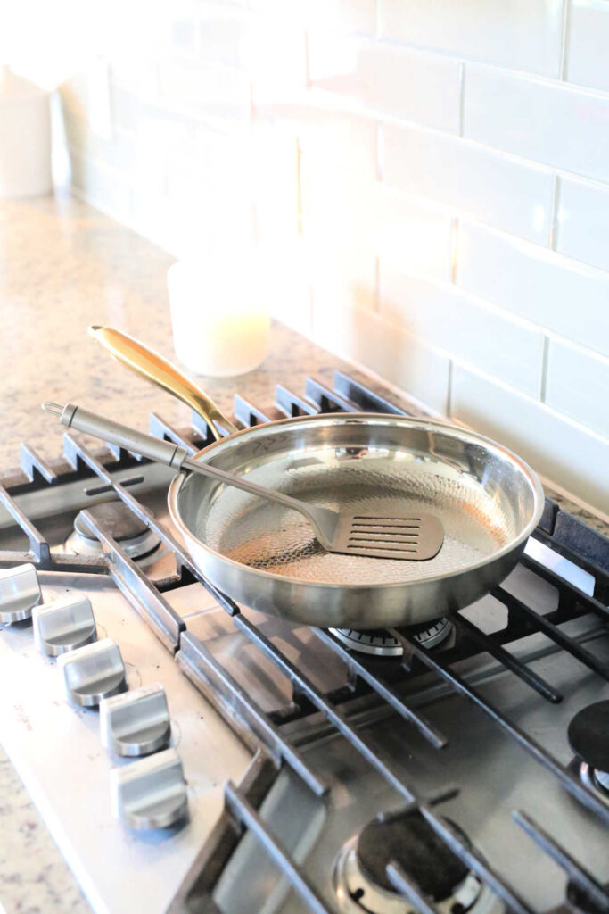 Non toxic non stick frying pan on the stove.
